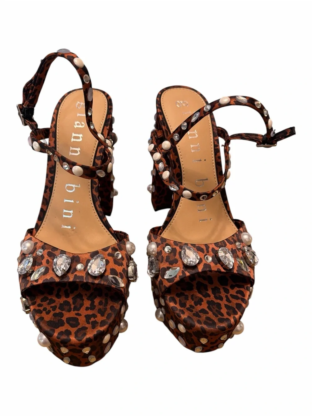 Gianni Bini Leopard Pearl Rhinestone Platform Heels Ankle Strap 8.5 NWOB